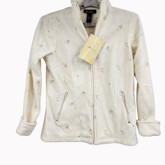 Vintage Denim & Co Womens M Ivory Fleece Zip Jacket Embroidered QVC New - Picture 1 of 7